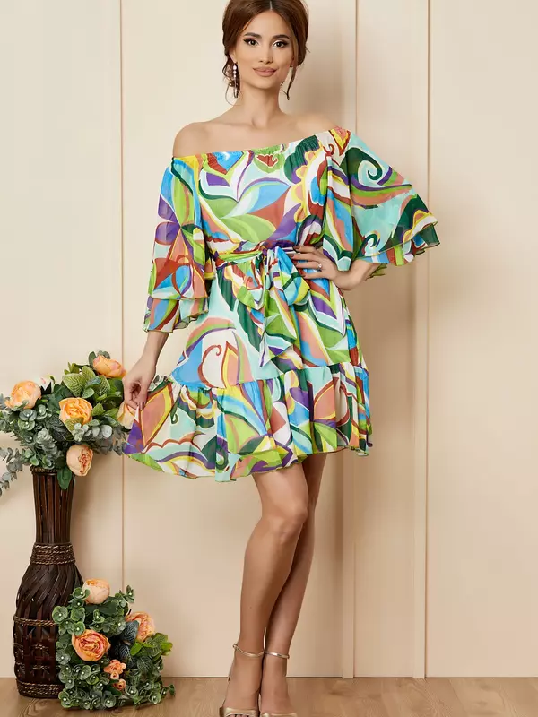 Rochie eleganta din voal cu imprimeu abstract