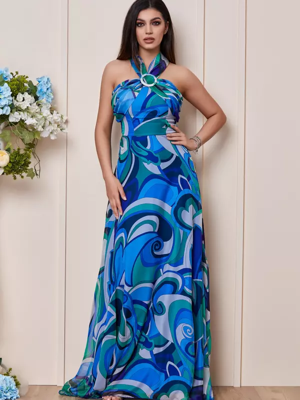 Rochie maxi eleganta din voal cu imprimeu albastru