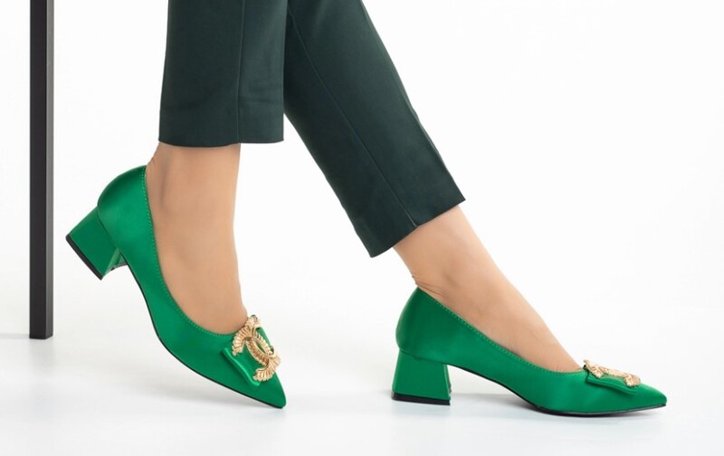 Pantofi dama verzi din material textil cu toc mic si gros